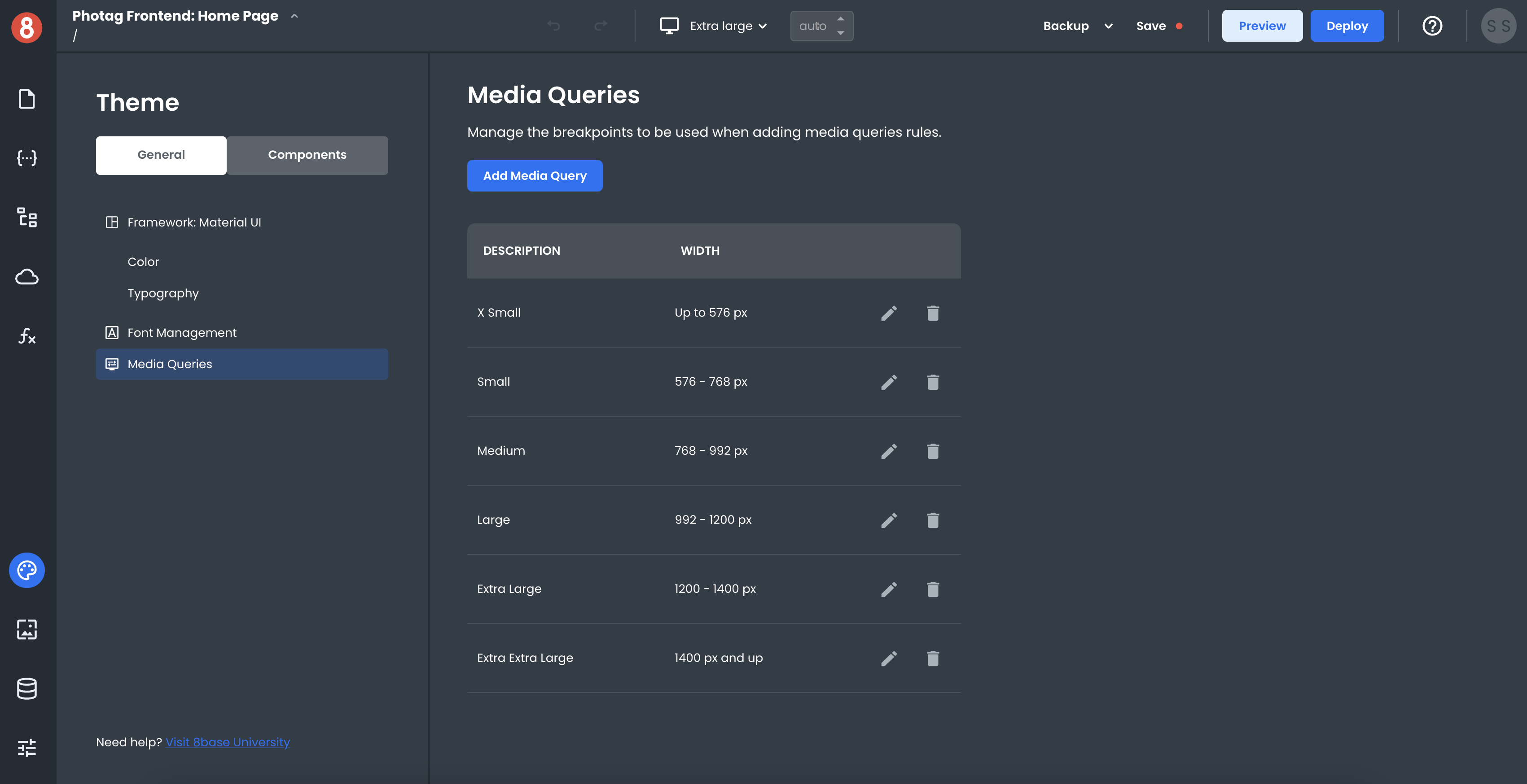 Managing media query definitions in App Builder.