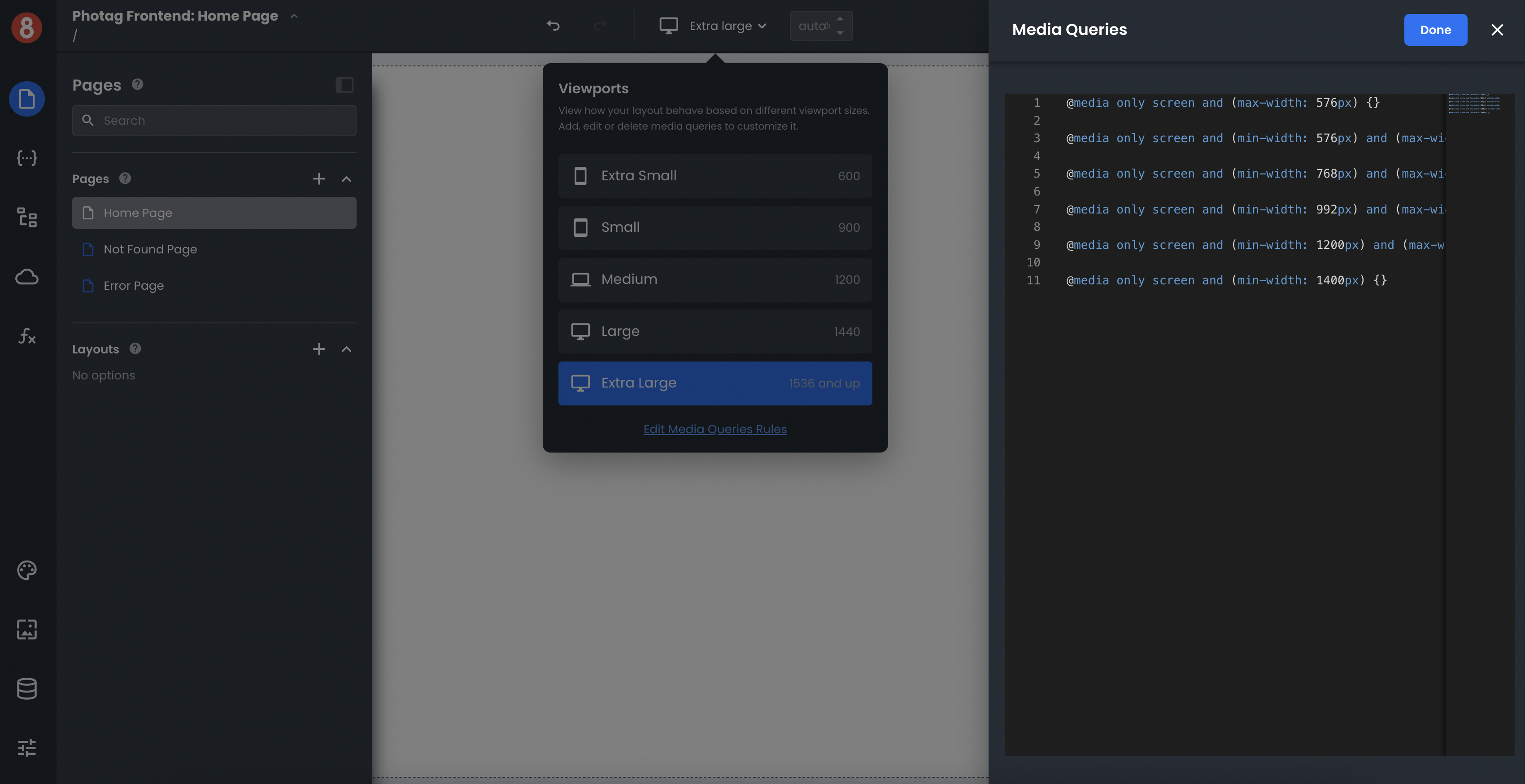 Theme editor with Media Queries tab highlighted