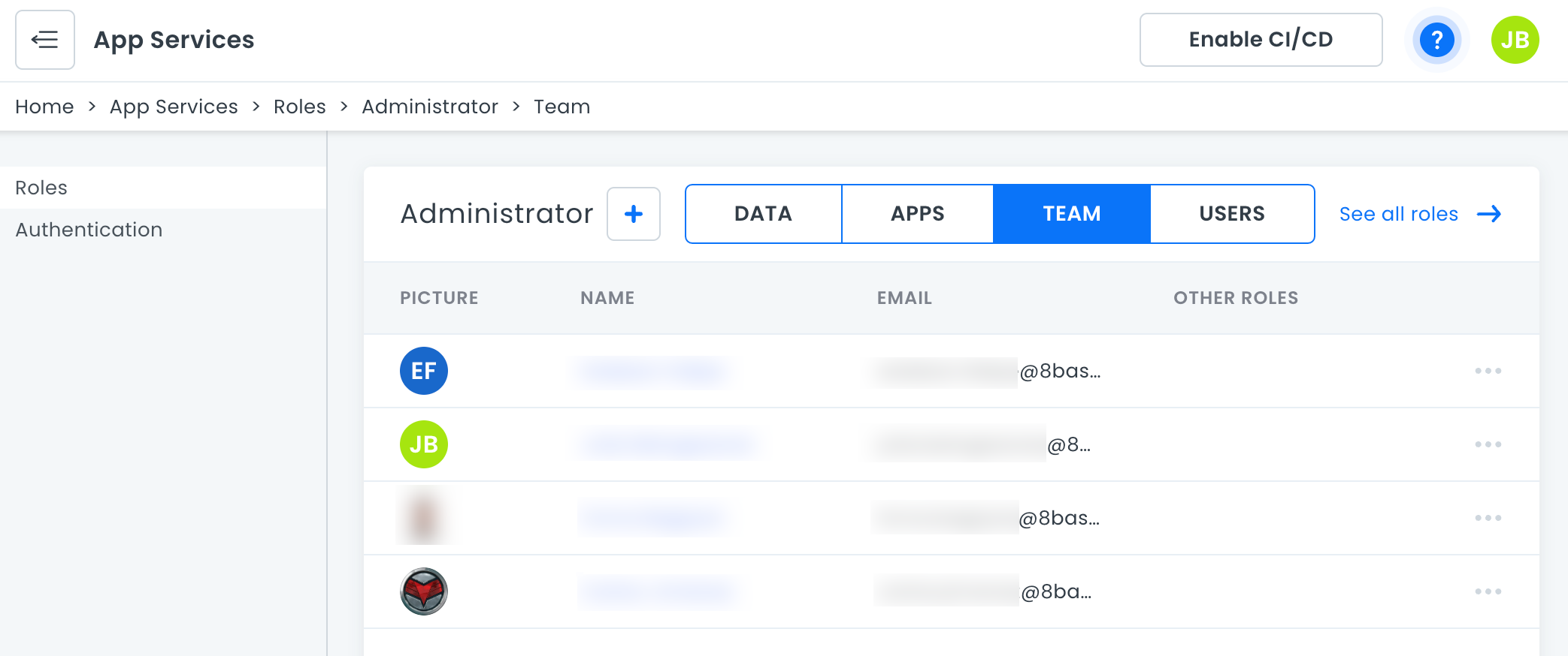 Team administration screen