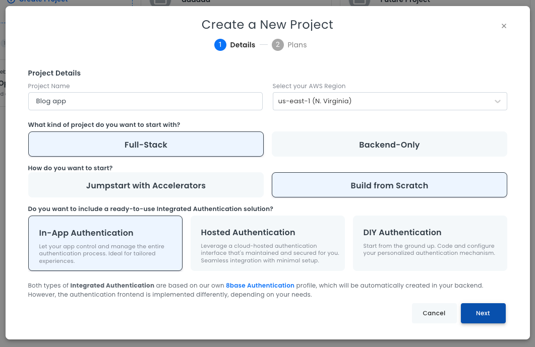 Create new project dialog box