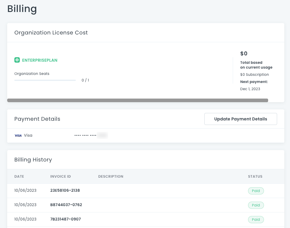 Organization Billing page