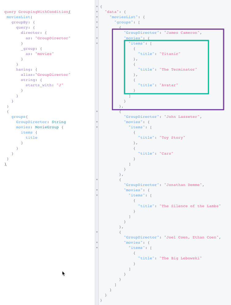 The 8base API explorer showing the results of a query where we only see director&#39;s whose names start with J.