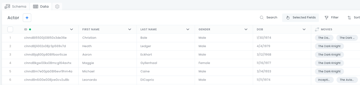 The 8base data page showing a data table.