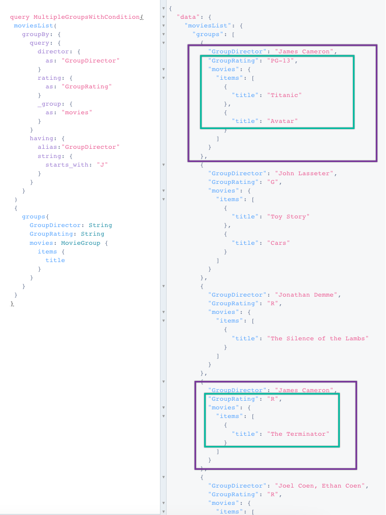 The 8base API explorer showing the results of a query where we only see director&#39;s whose names start with , sorted by movie rating.