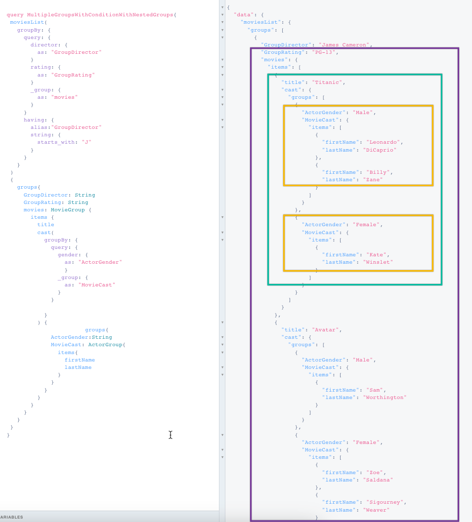 The 8base API explorer showing the results of a query with multiple nested groups.