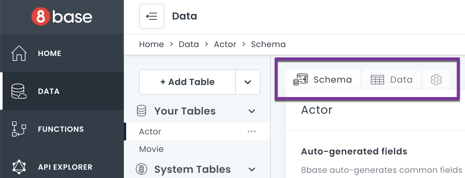 Data section of 8base console