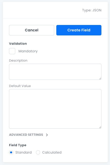 JSON field properties pane