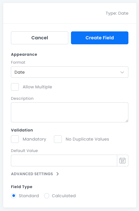 Date field properties pane