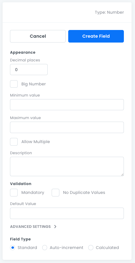 Number field properties pane