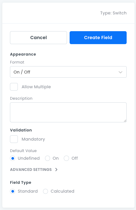 Switch field properties pane