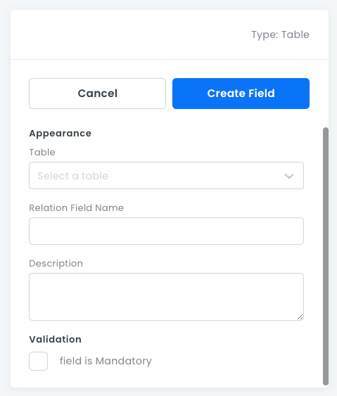 Table field properties pane