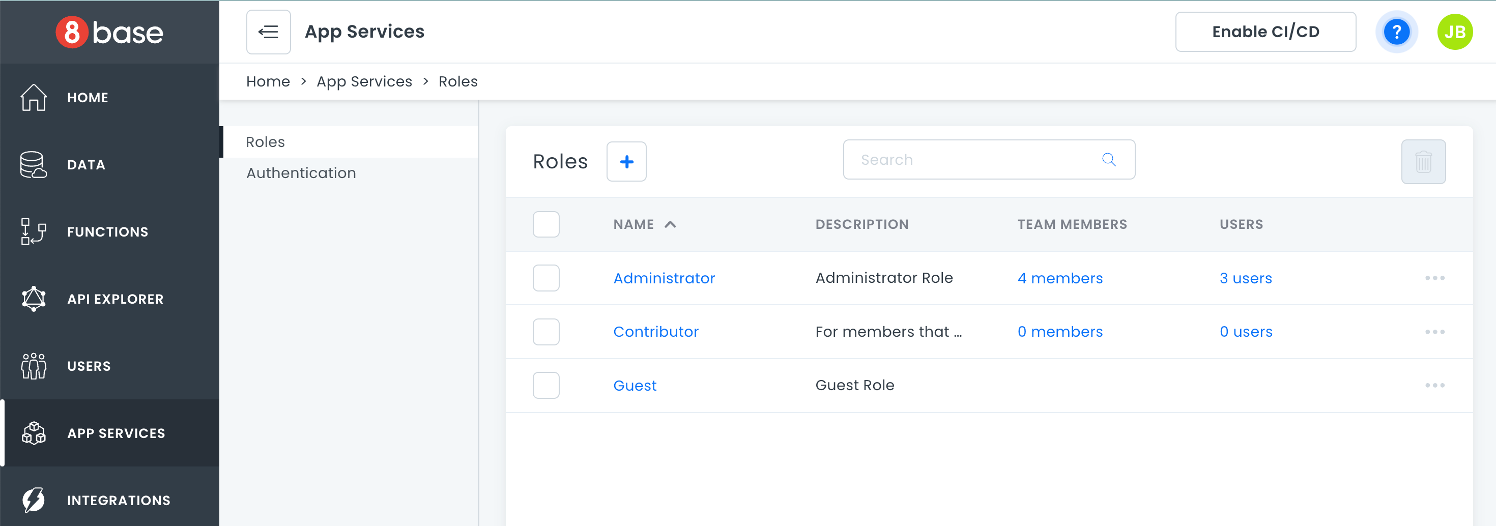 Roles Management Screen in 8base Console